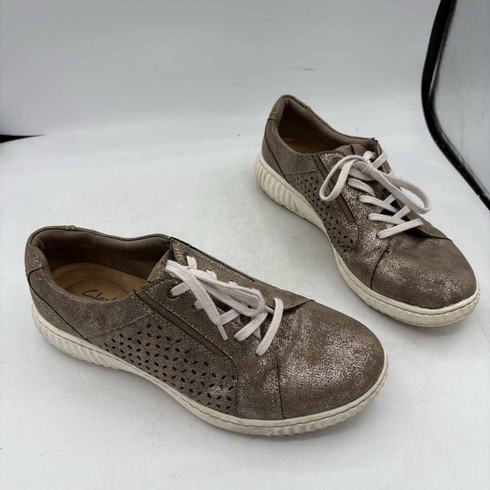 Clarks Collection Shoes Womens Size 9 W Wide Caroline Ella Metal Brown Sneakers